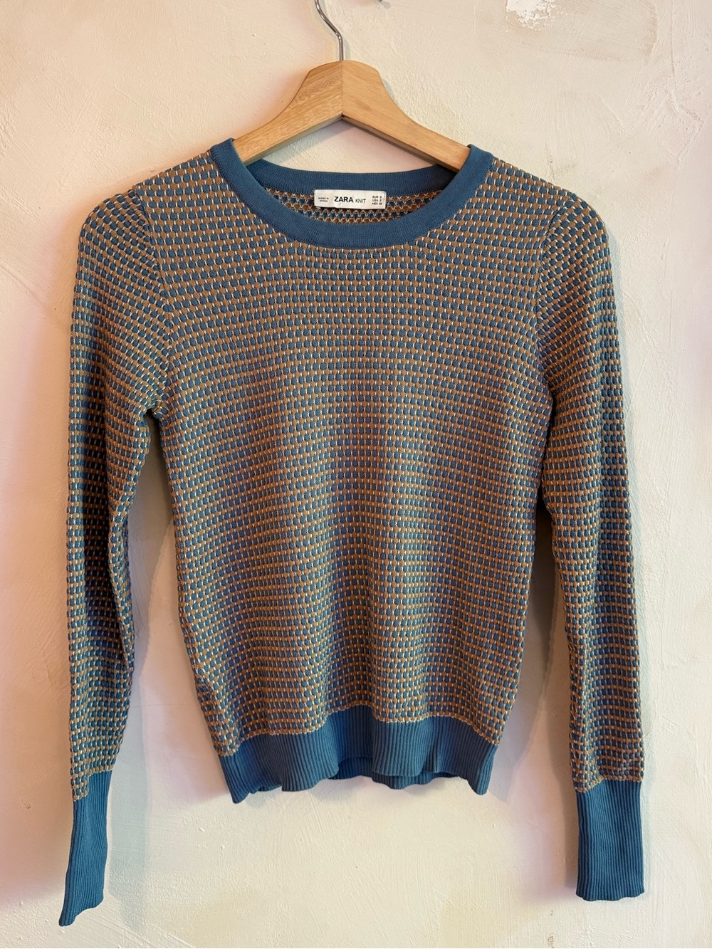 Zara | Knit Blue Beige Textured Crewneck Sweater |Ribbed Trim